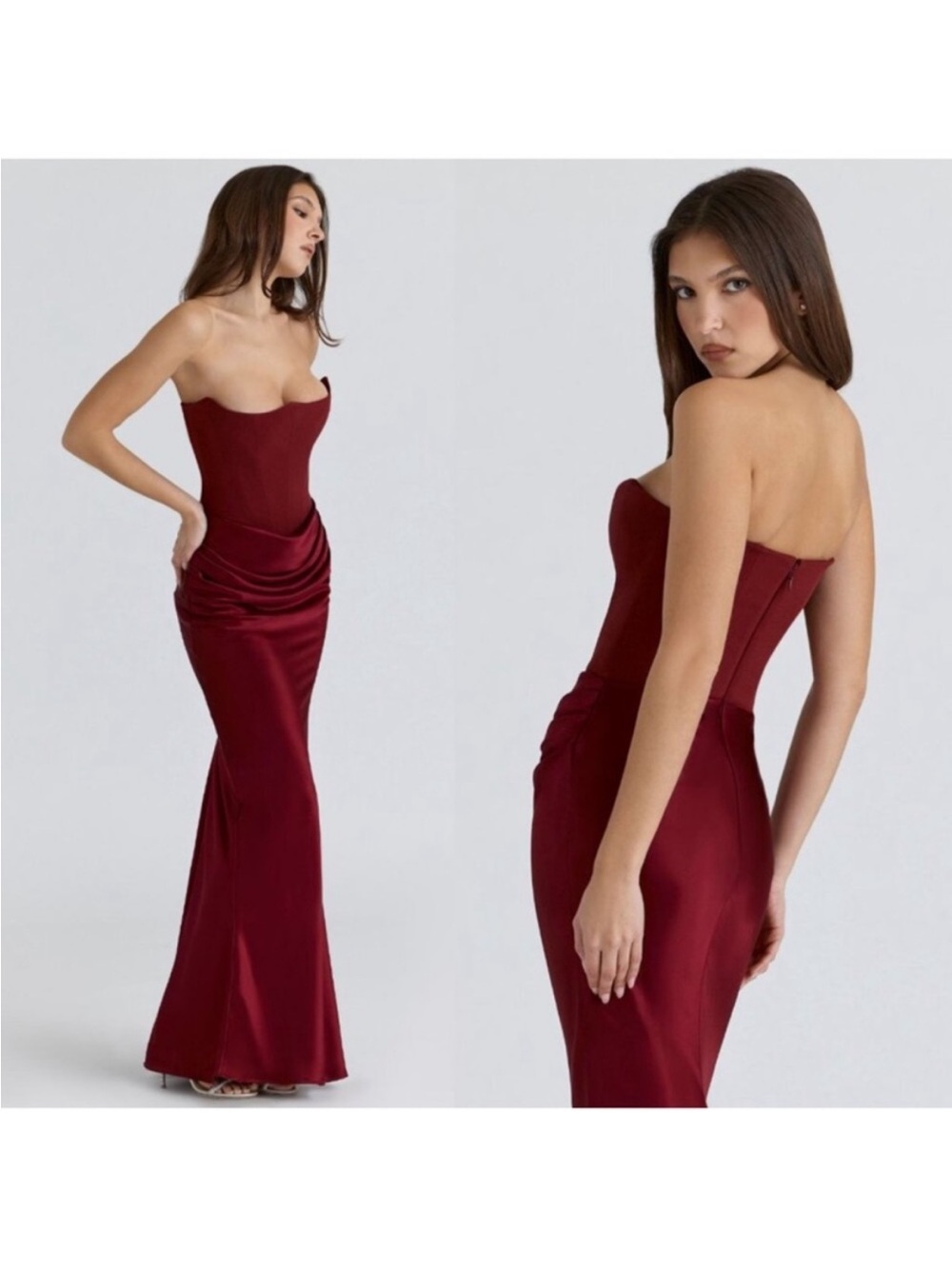House of CB Persephone Maxi Dress Wine Red Strapless Corset Satin Size S A-C